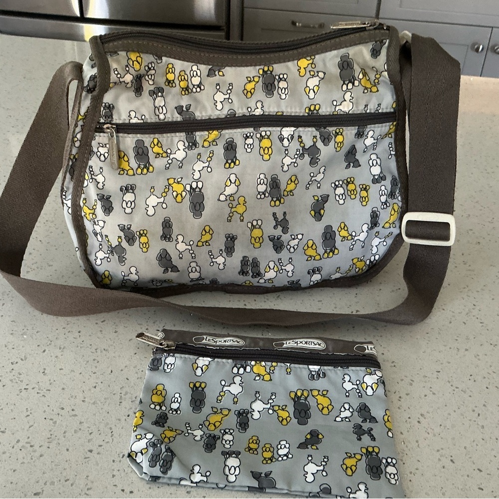 LeSportsac Poodle Dog Print Crossbody Bag & Pouch Set Travel bag ~Retired